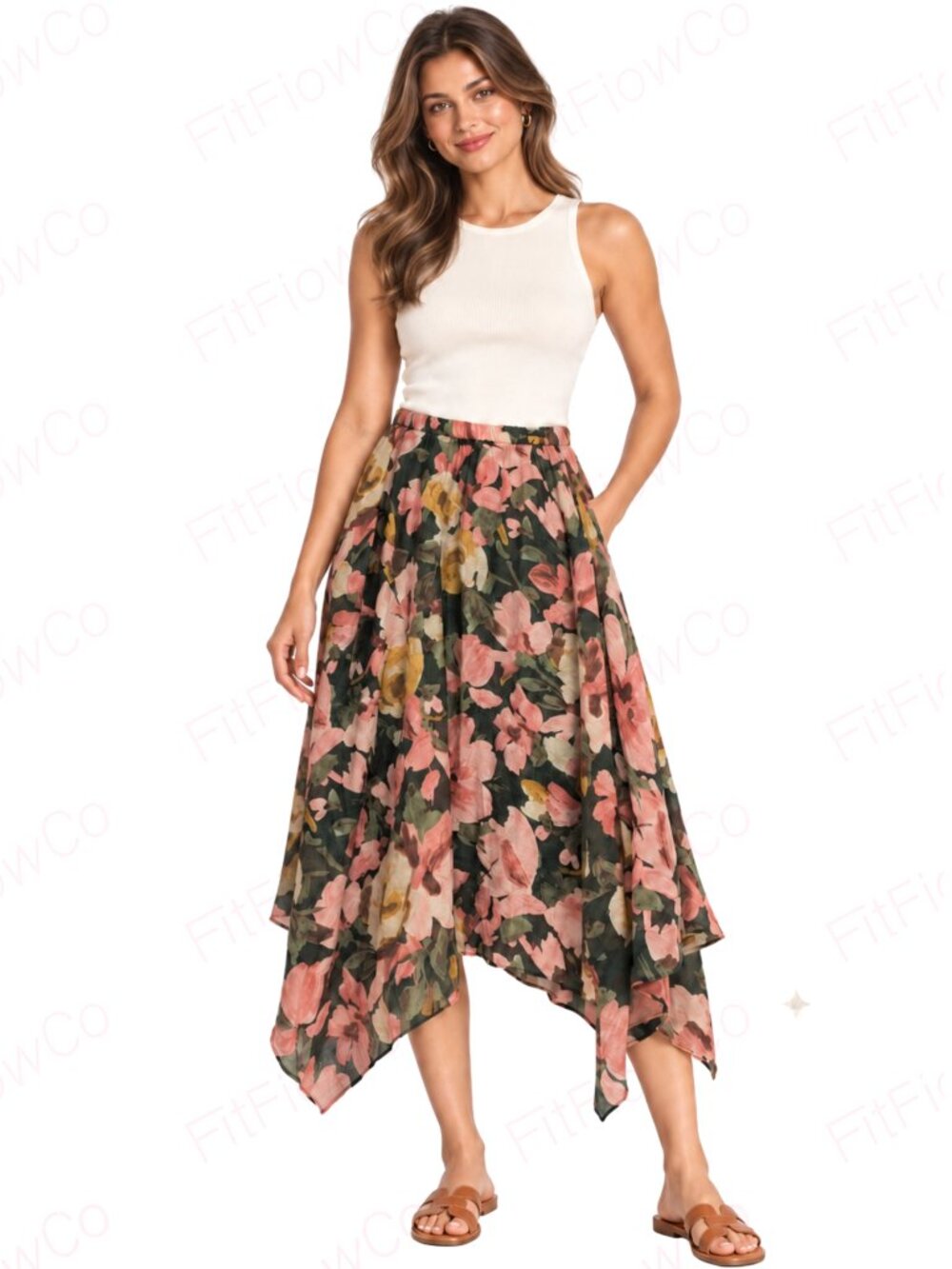 CeCe Floral Handkerchief Hem Midi Skirt M Green Pink Elastic Waist NWT
